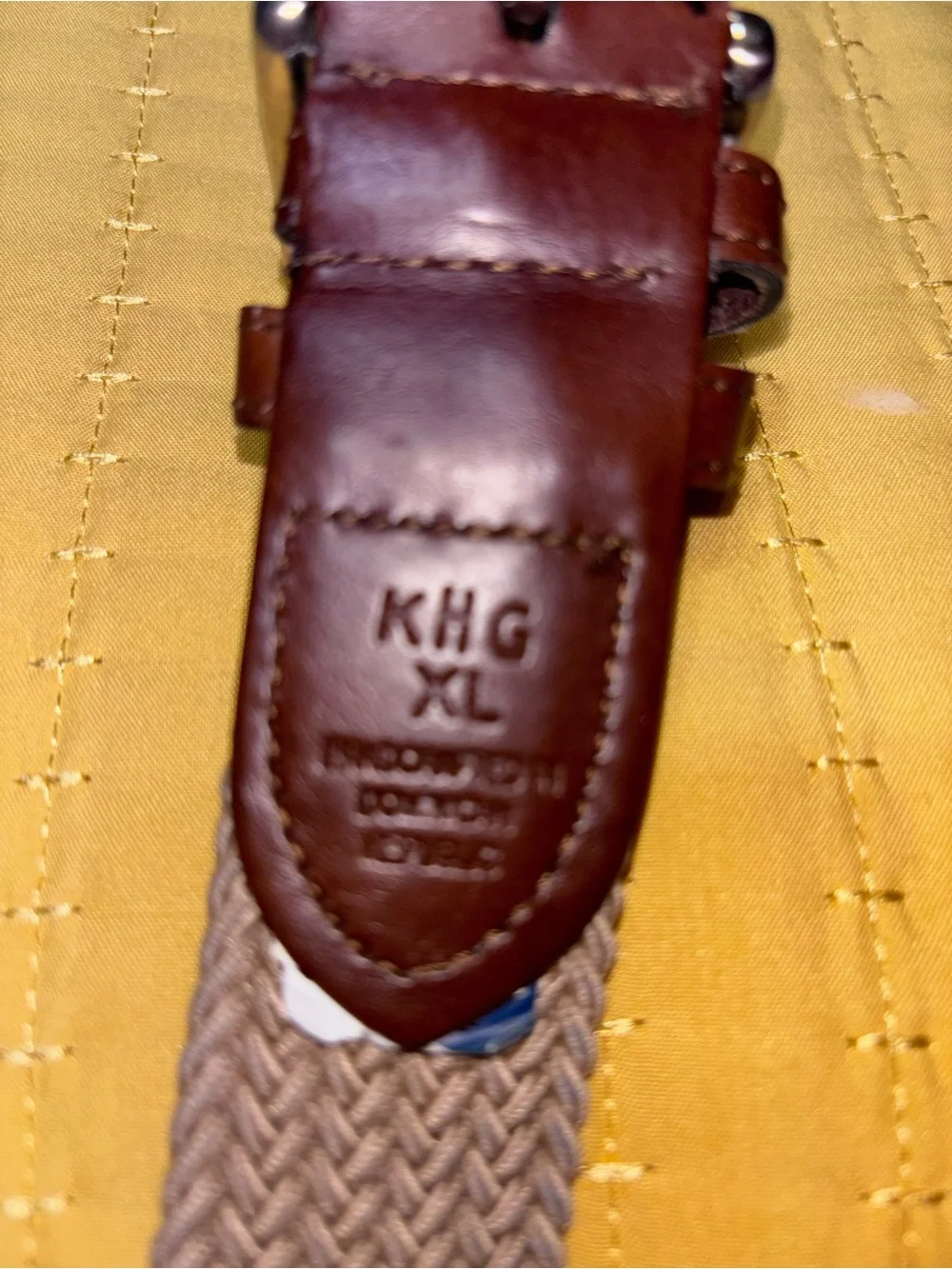 Stretch Woven Khaki Men’s Belt in Beige with Brown Leather Trim KHG size 42